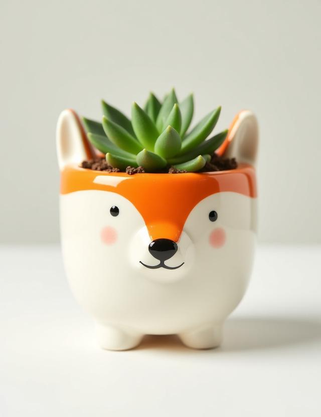 Hand-painted ceramic fox floral pot