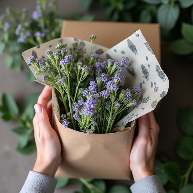 Florist preparing a box with mammal-themed tissue paper